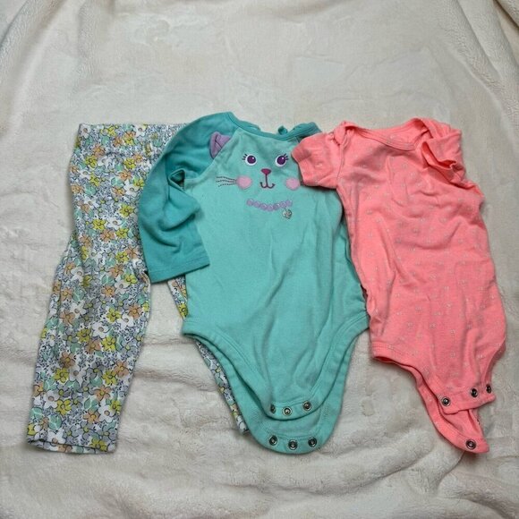 Carter’s Baby Girl 18 Month One Piece Leggings Lot Floral Cat Pink Blue - Picture 1 of 7